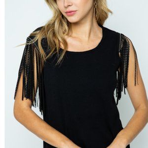 NWT Vocal black top with shoulder studded fringe